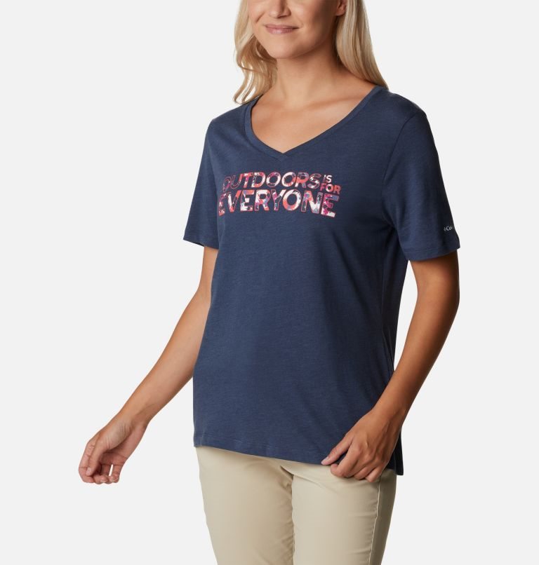 Women's Columbia Bluebird Day Relaxed V-Neck T Shirts Navy | CA-J6C35