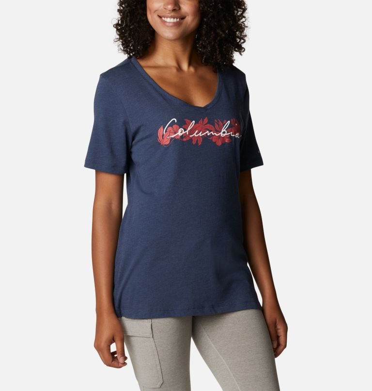 Women's Columbia Bluebird Day Relaxed V-Neck T Shirts Navy | CA-K8L05