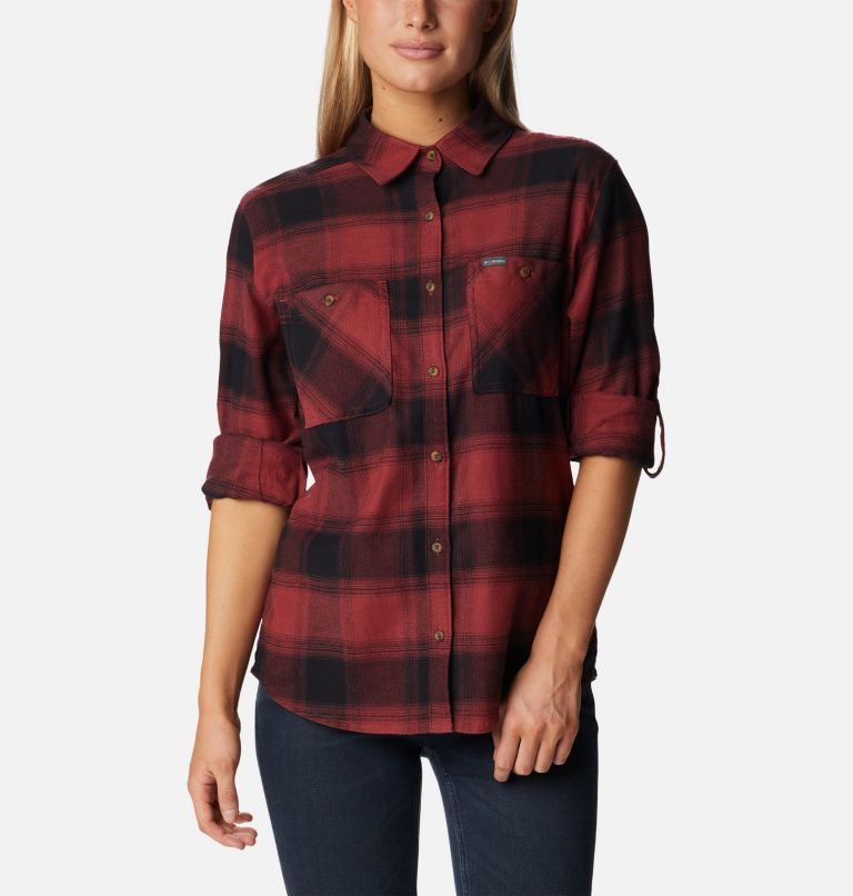 Women's Columbia Clay Hills Stretch Flannel Shirts Red | CA-M8A40