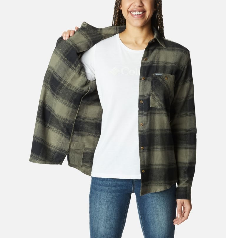 Women's Columbia Clay Hills Stretch Flannel Shirts Olive | CA-N81CA