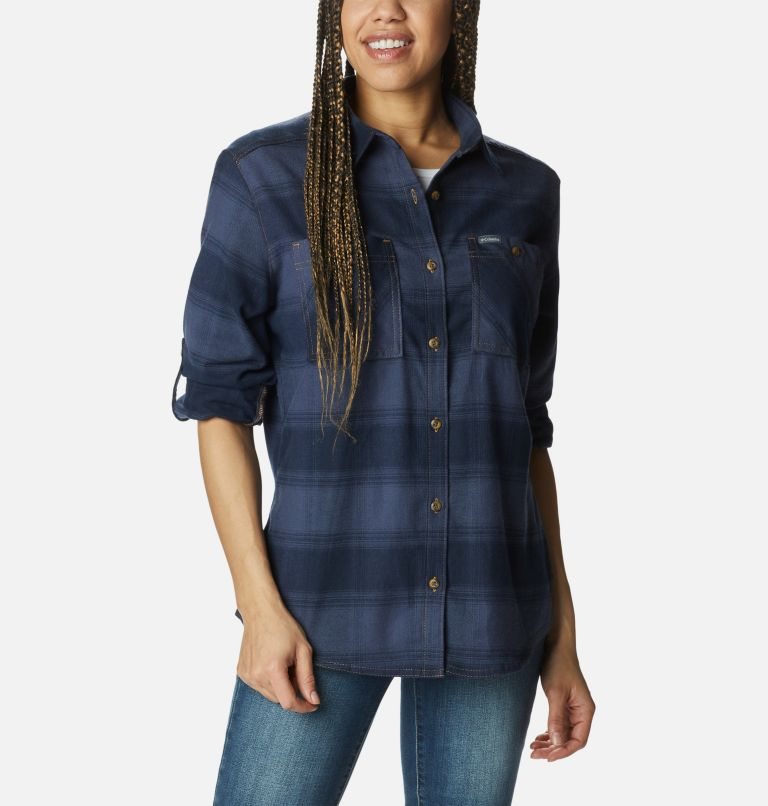 Women's Columbia Clay Hills Stretch Flannel Shirts Navy | CA-VA516