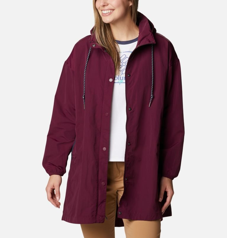 Women's Columbia Day Trippin II Long Rain Jackets Maroon | CA-K8435