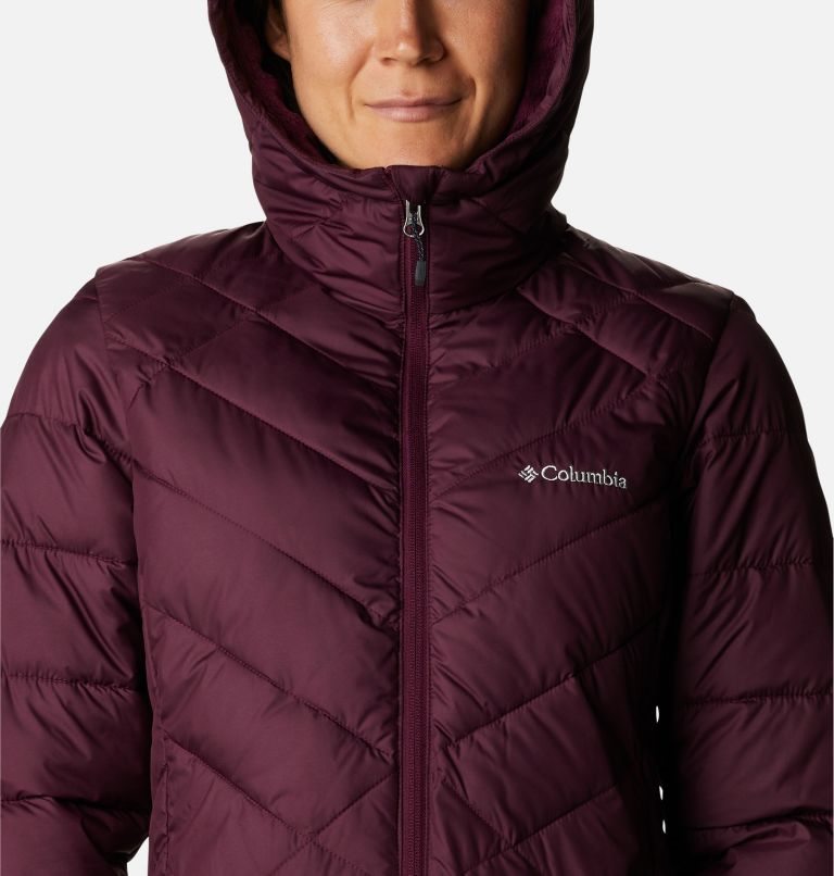 Women's Columbia Heavenly Long Hooded Down Jackets Burgundy | CA-O5CA6