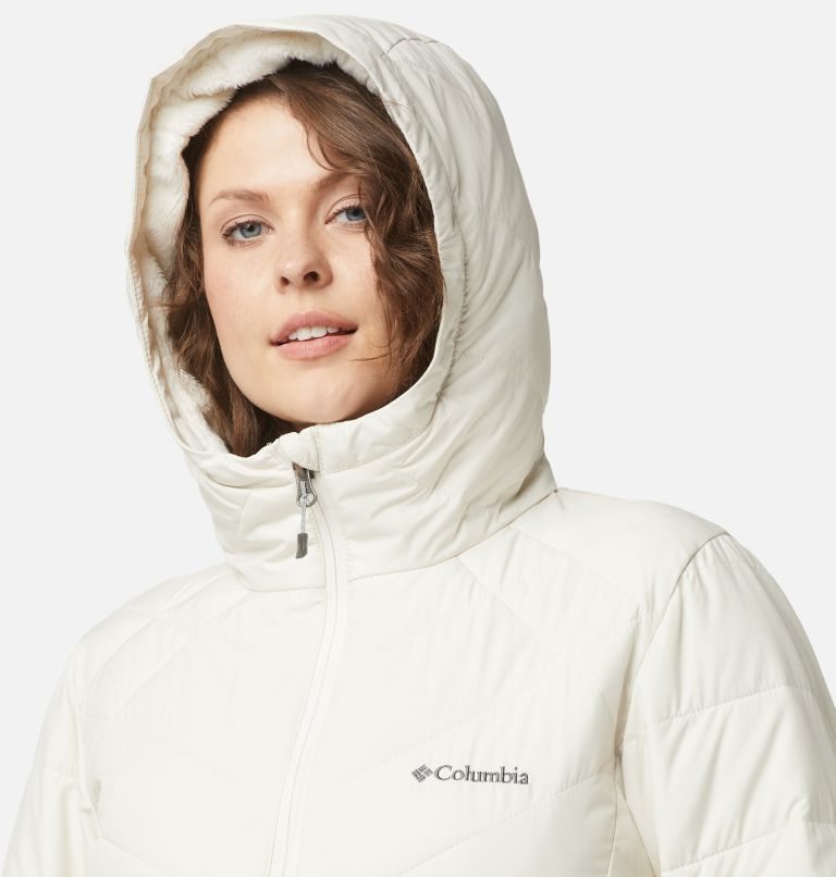 Women's Columbia Heavenly Long Hooded Down Jackets Cream | CA-R3A10