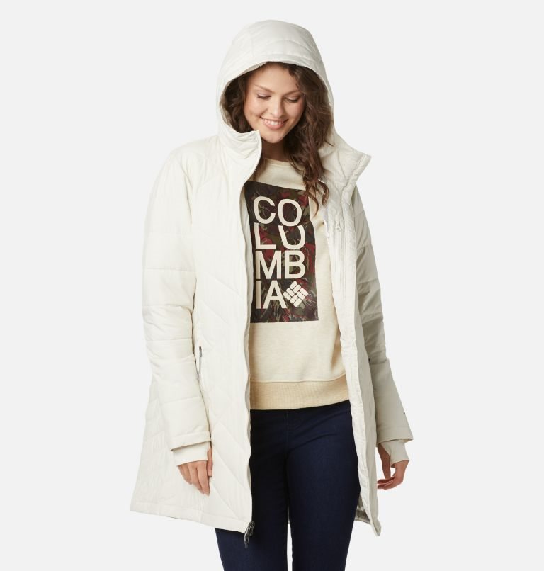 Women's Columbia Heavenly Long Hooded Down Jackets Cream | CA-R3A10