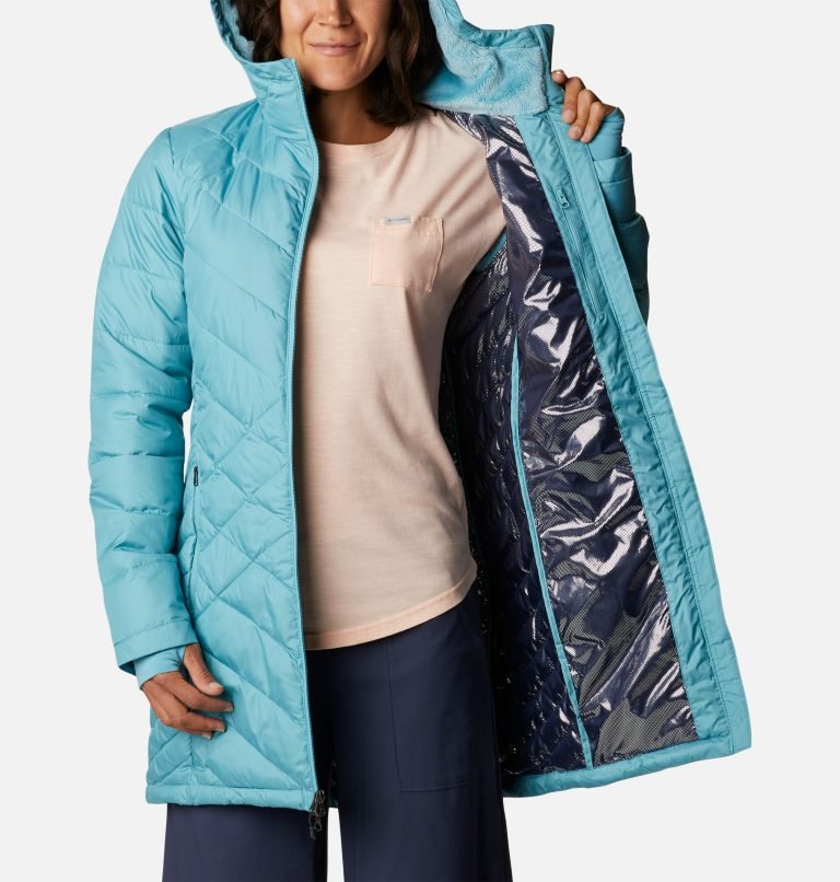 Women's Columbia Heavenly Long Hooded Down Jackets Turquoise | CA-T5L41