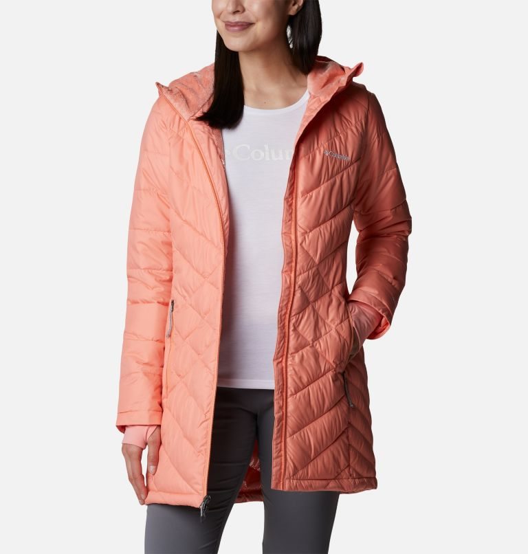 Women's Columbia Heavenly Long Hooded Down Jackets Coral | CA-ZCL63