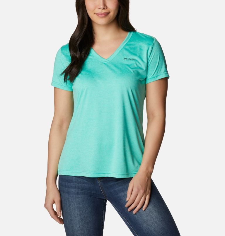 Women\'s Columbia Hike Short Sleeve V-Neck T Shirts Turquoise | CA-N16A8