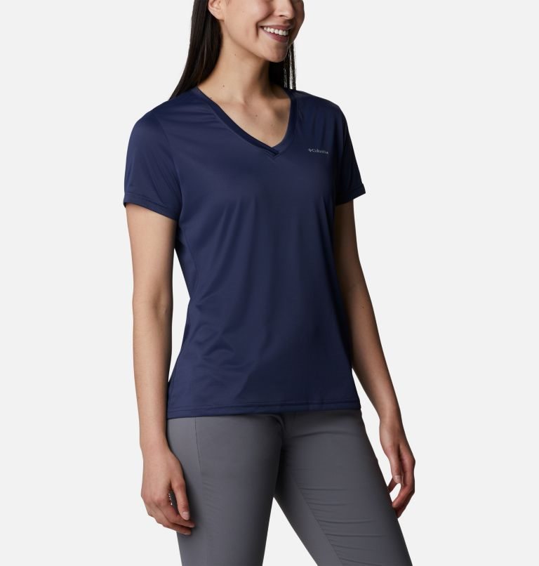 Women's Columbia Hike V-Neck T Shirts Navy | CA-Z5A04