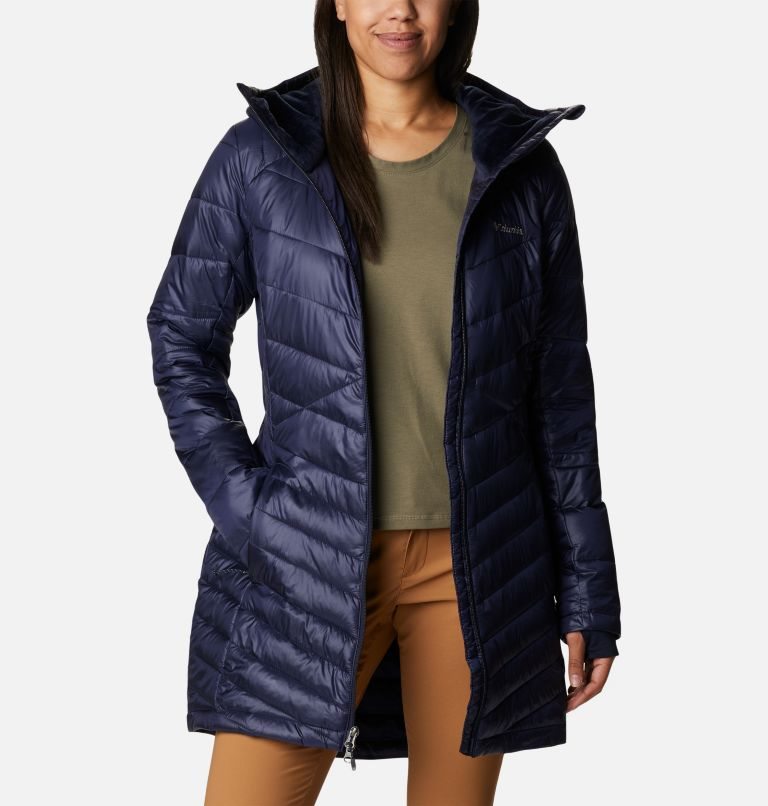 Women's Columbia Joy Peak Omni-Heat Infinity Mid Hooded Insulated Jackets Navy | CA-IA164