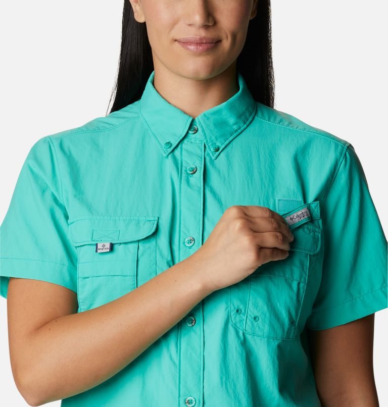 Women's Columbia PFG Bahama Short Sleeve Shirts Turquoise | CA-U8465