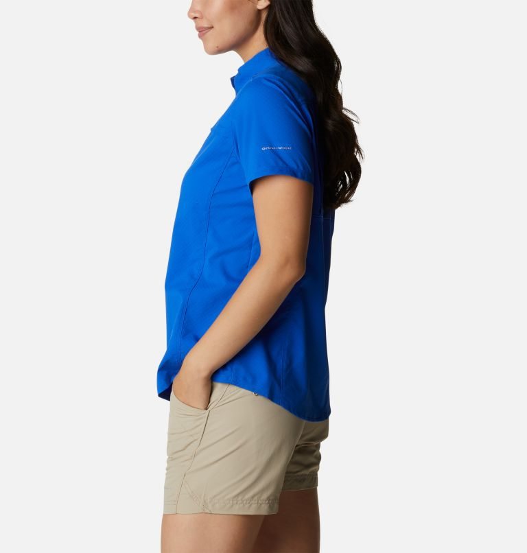 Women's Columbia PFG Cool Release Woven Short Sleeve Shirts Blue | CA-Q8310