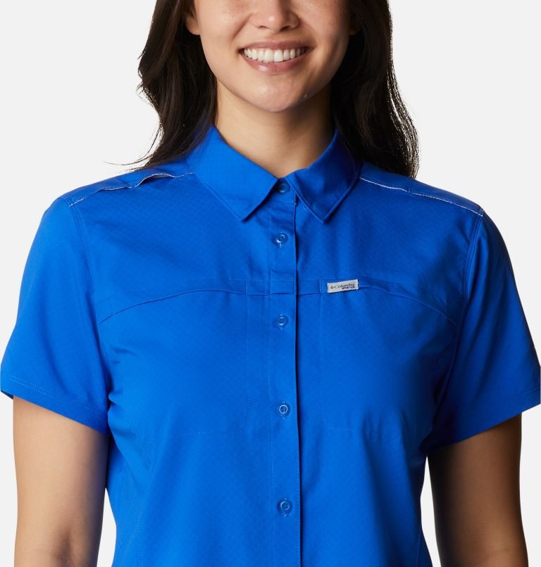 Women's Columbia PFG Cool Release Woven Short Sleeve Shirts Blue | CA-Q8310