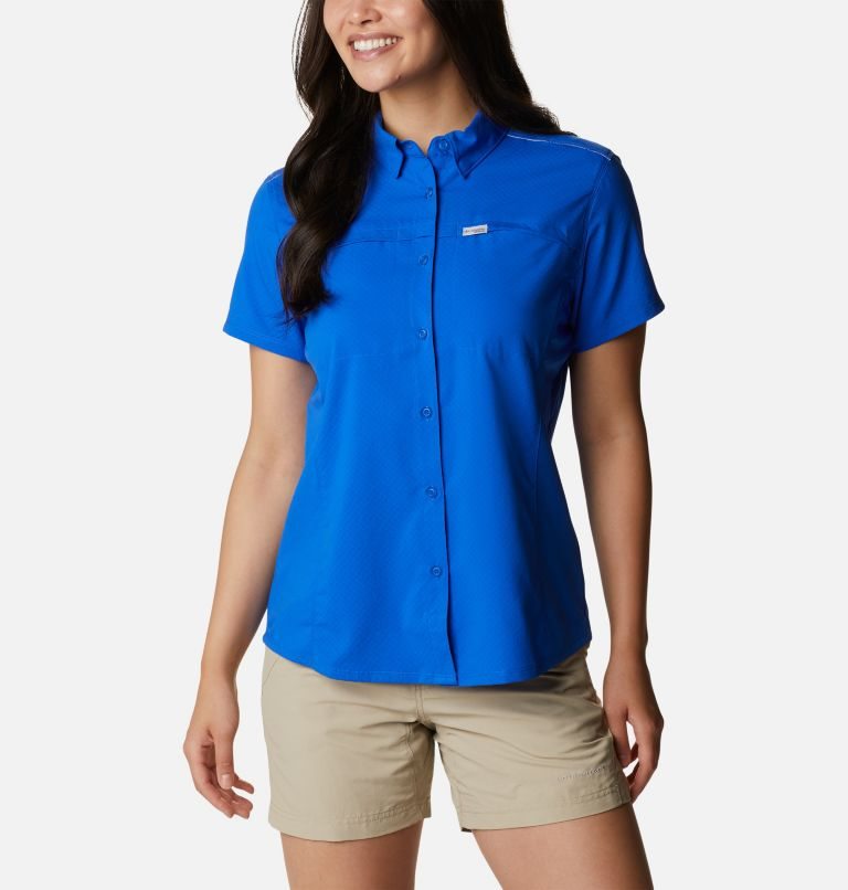 Women\'s Columbia PFG Cool Release Woven Short Sleeve Shirts Blue | CA-Q8310