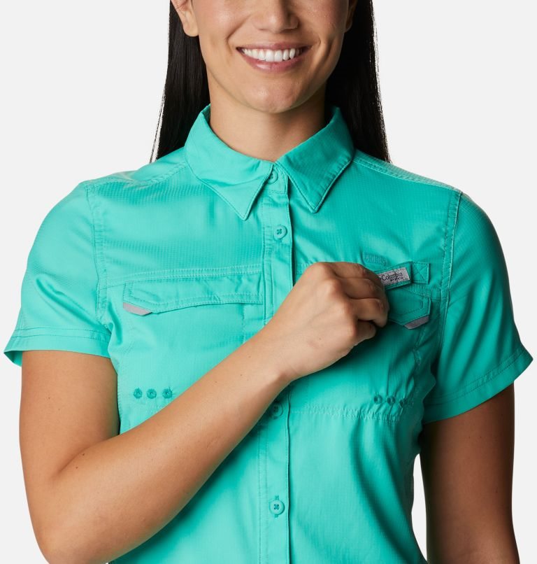 Women's Columbia PFG Lo Drag Short Sleeve Shirts Turquoise | CA-J403L