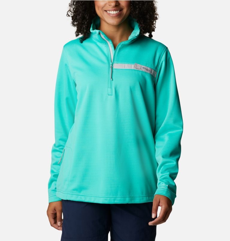 Women\'s Columbia PFG Skiff Guide Fleece Sweatshirts Turquoise | CA-B8C3L