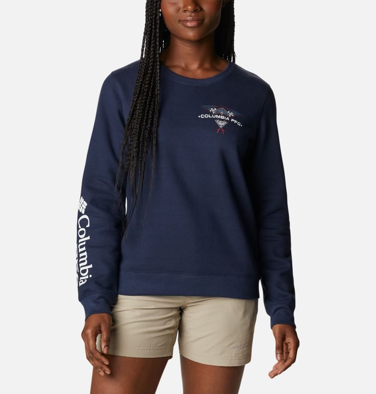 Women\'s Columbia PFG Slack Water Crew Sweatshirts Navy | CA-ECL83