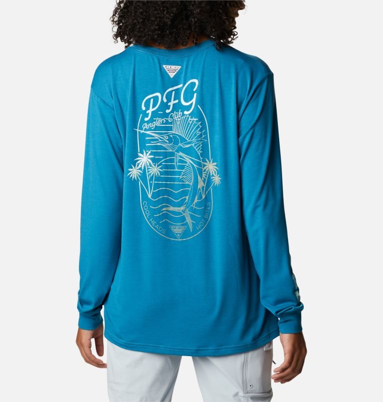 Women's Columbia PFG Slack Water Graphic Long Sleeve Sweatshirts Blue | CA-F536A