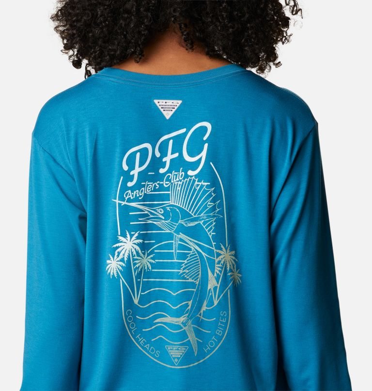 Women's Columbia PFG Slack Water Graphic Long Sleeve Sweatshirts Blue | CA-F536A