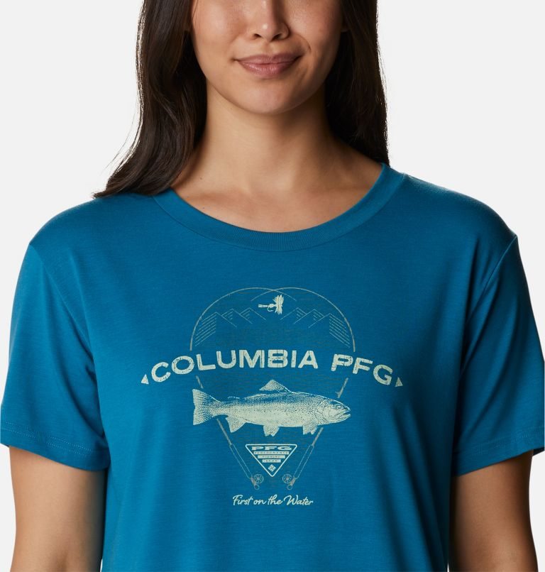 Women's Columbia PFG Slack Water Graphic Short Sleeve T Shirts Blue | CA-HC135