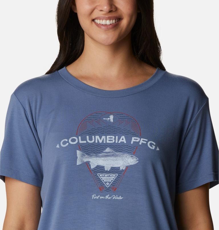 Women's Columbia PFG Slack Water Graphic Short Sleeve T Shirts Blue | CA-N5LA6