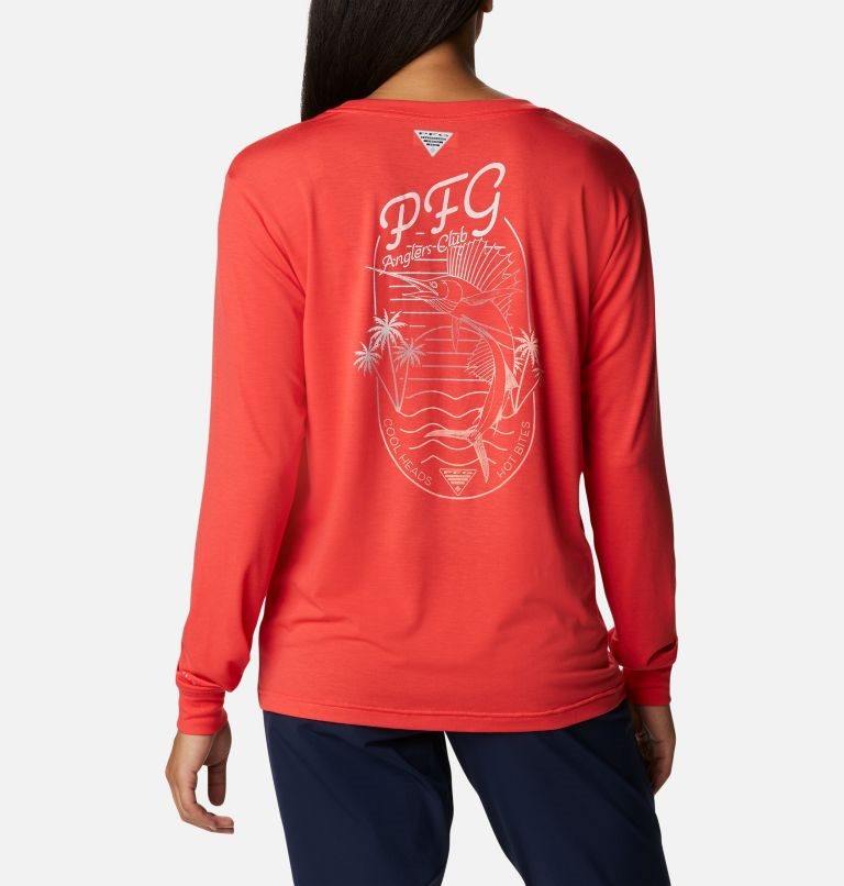 Women's Columbia PFG Slack Water Graphic Long Sleeve Sweatshirts Red | CA-Q6438