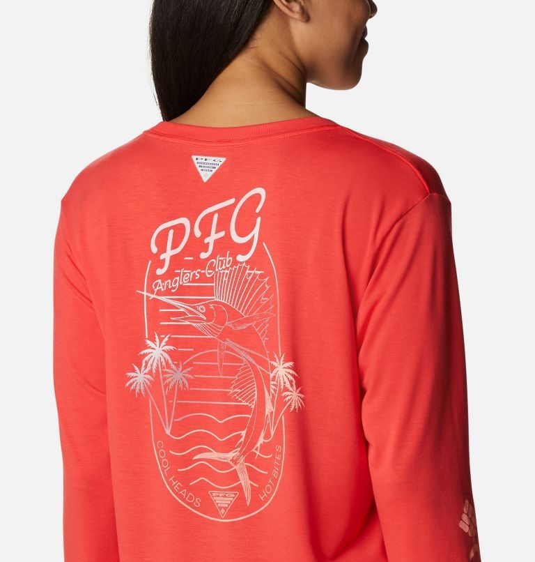 Women's Columbia PFG Slack Water Graphic Long Sleeve Sweatshirts Red | CA-Q6438