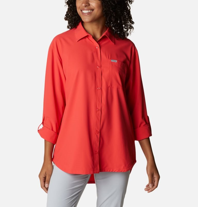 Women's Columbia PFG Sun Drifter Woven Long Sleeve Shirts Red | CA-A45A0