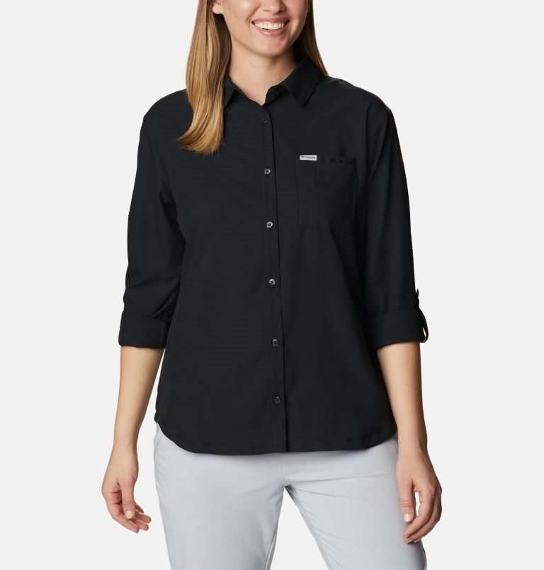 Women's Columbia PFG Sun Drifter Woven Long Sleeve Shirts Black | CA-I8L65