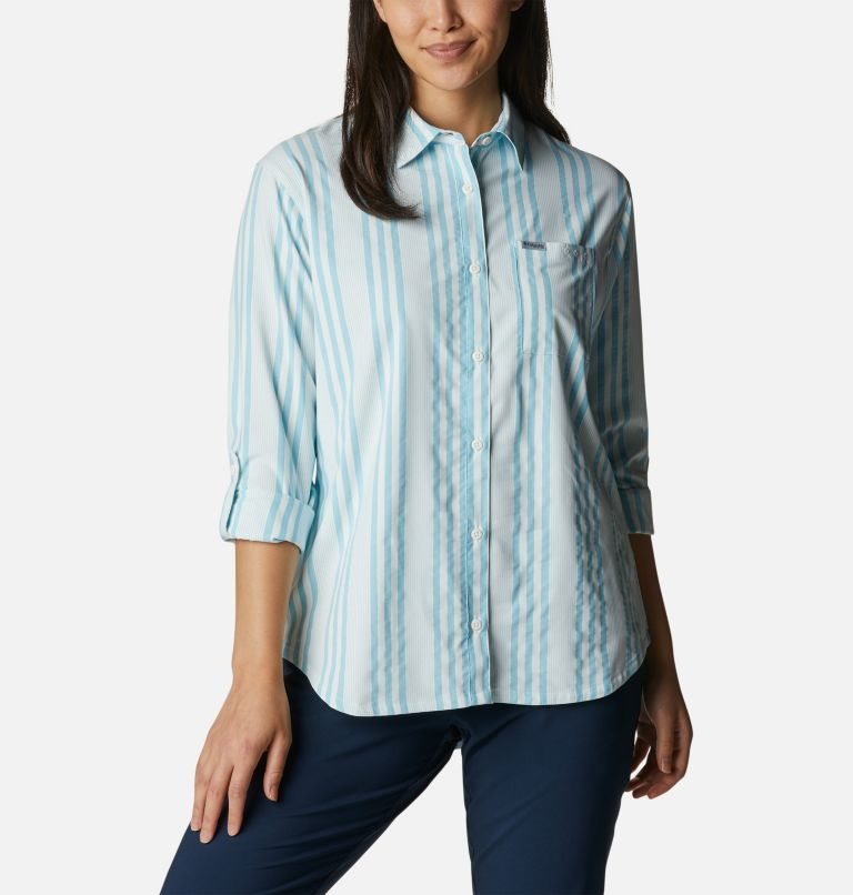 Women's Columbia PFG Sun Drifter Woven Long Sleeve Shirts Stripe | CA-M0C5A