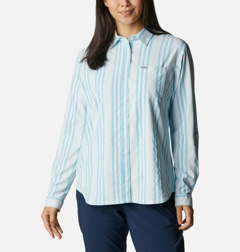 Women\'s Columbia PFG Sun Drifter Woven Long Sleeve Shirts Stripe | CA-M0C5A