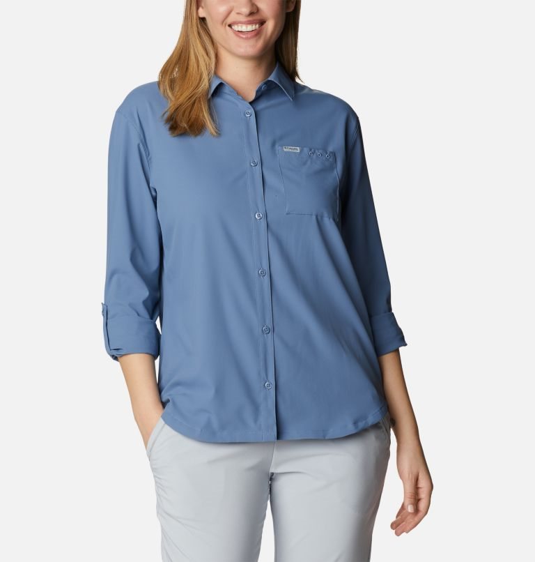 Women's Columbia PFG Sun Drifter Woven Long Sleeve Shirts Blue | CA-OA14C