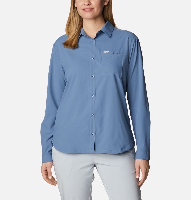 Women\'s Columbia PFG Sun Drifter Woven Long Sleeve Shirts Blue | CA-OA14C