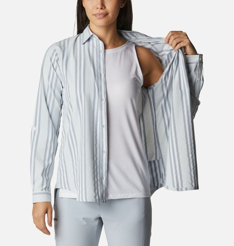 Women's Columbia PFG Sun Drifter Woven Long Sleeve Shirts Stripe | CA-Z61C8