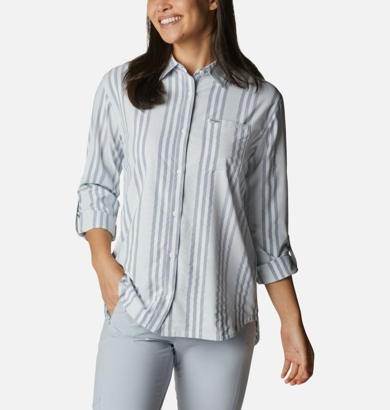 Women's Columbia PFG Sun Drifter Woven Long Sleeve Shirts Stripe | CA-Z61C8