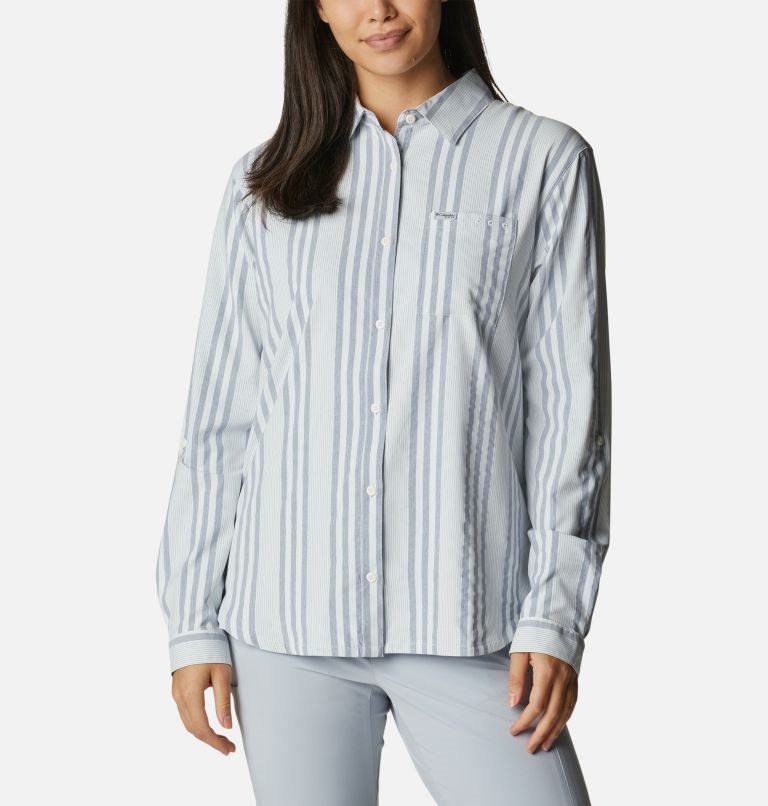 Women\'s Columbia PFG Sun Drifter Woven Long Sleeve Shirts Stripe | CA-Z61C8