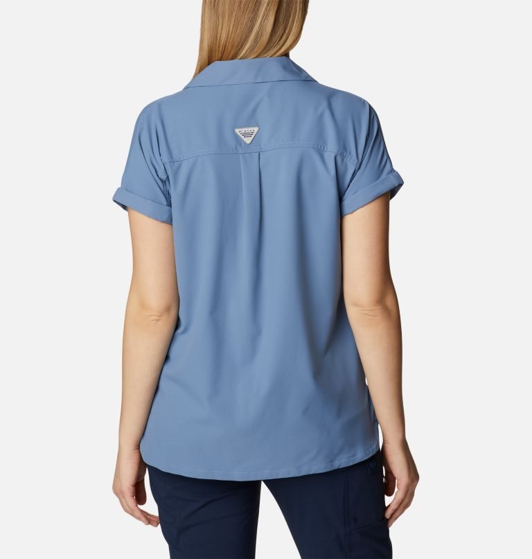 Women's Columbia PFG Sun Drifter Woven Short Sleeve Shirts Blue | CA-R4C8L