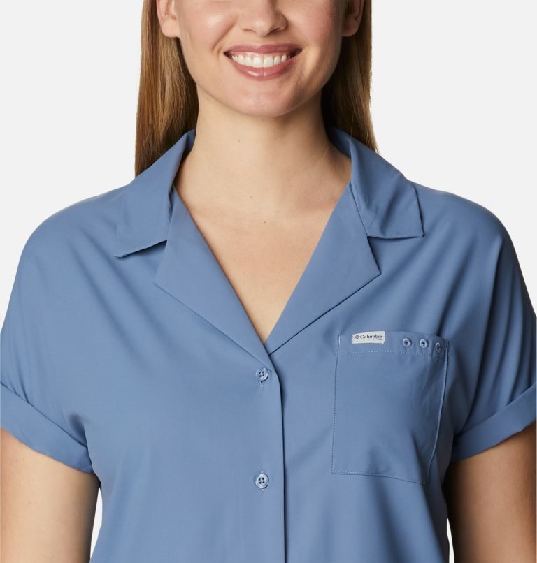 Women's Columbia PFG Sun Drifter Woven Short Sleeve Shirts Blue | CA-R4C8L