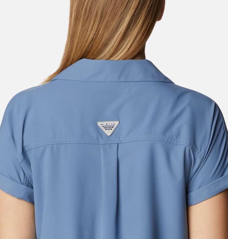 Women's Columbia PFG Sun Drifter Woven Short Sleeve Shirts Blue | CA-R4C8L