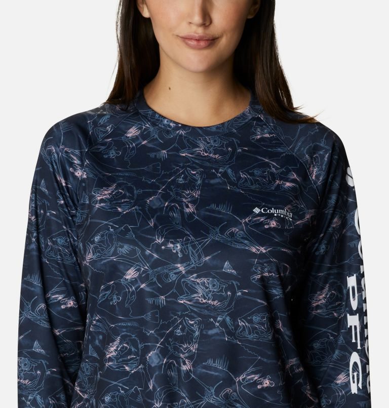 Women's Columbia PFG Super Tidal Tee Long Sleeve Sweatshirts Navy | CA-D01CL