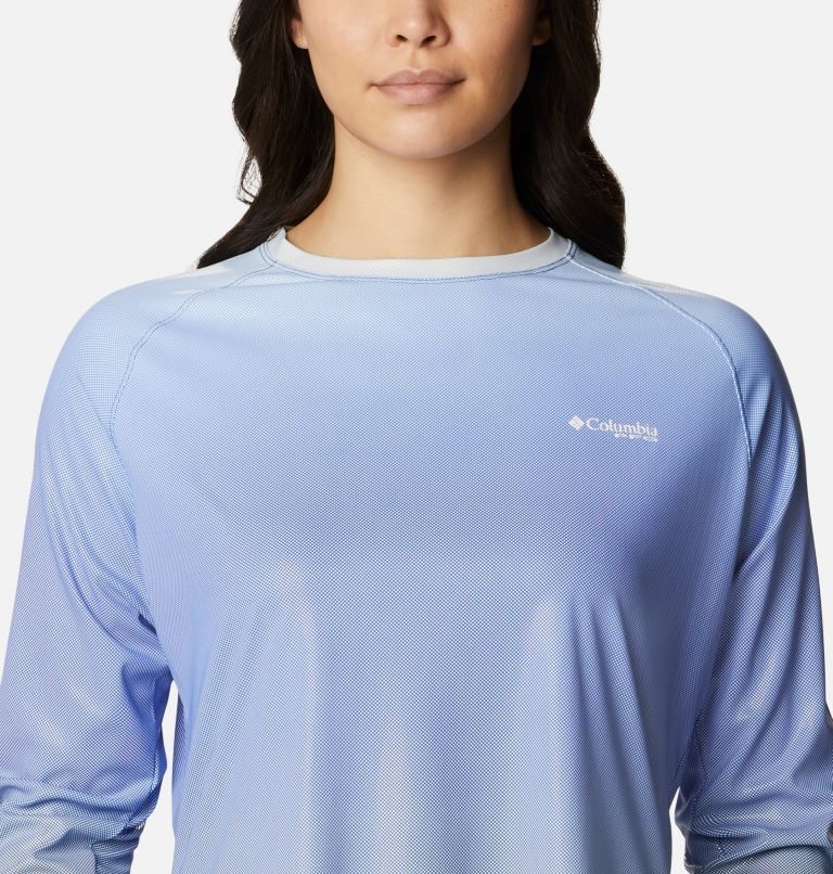 Women's Columbia PFG Tidal Deflector Printed Long Sleeve Sweatshirts Light Blue | CA-Z0L15