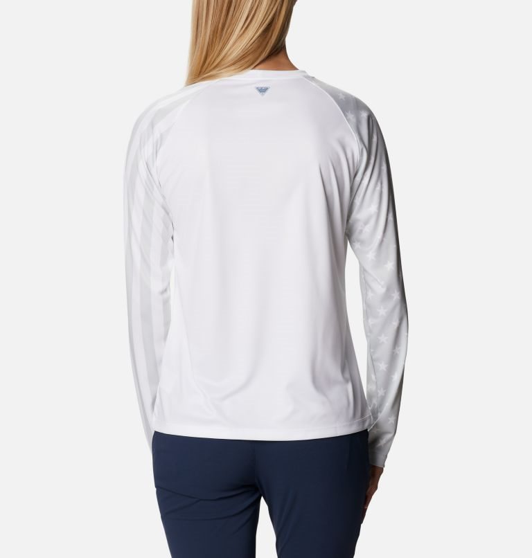 Women's Columbia PFG Tidal Tee Americana LS Sweatshirts White | CA-K803A