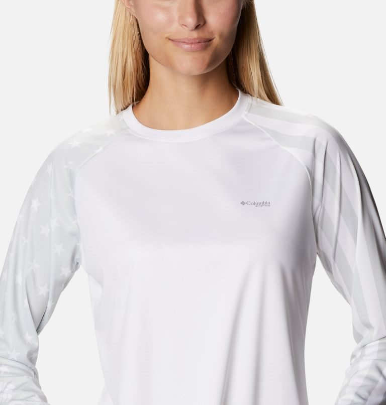 Women's Columbia PFG Tidal Tee Americana LS Sweatshirts White | CA-K803A