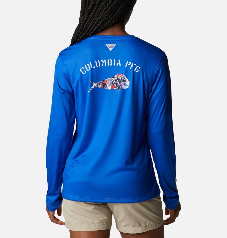 Women's Columbia PFG Tidal Tee Fill-O-Print Fish Long Sleeve Sweatshirts Blue | CA-E8C13