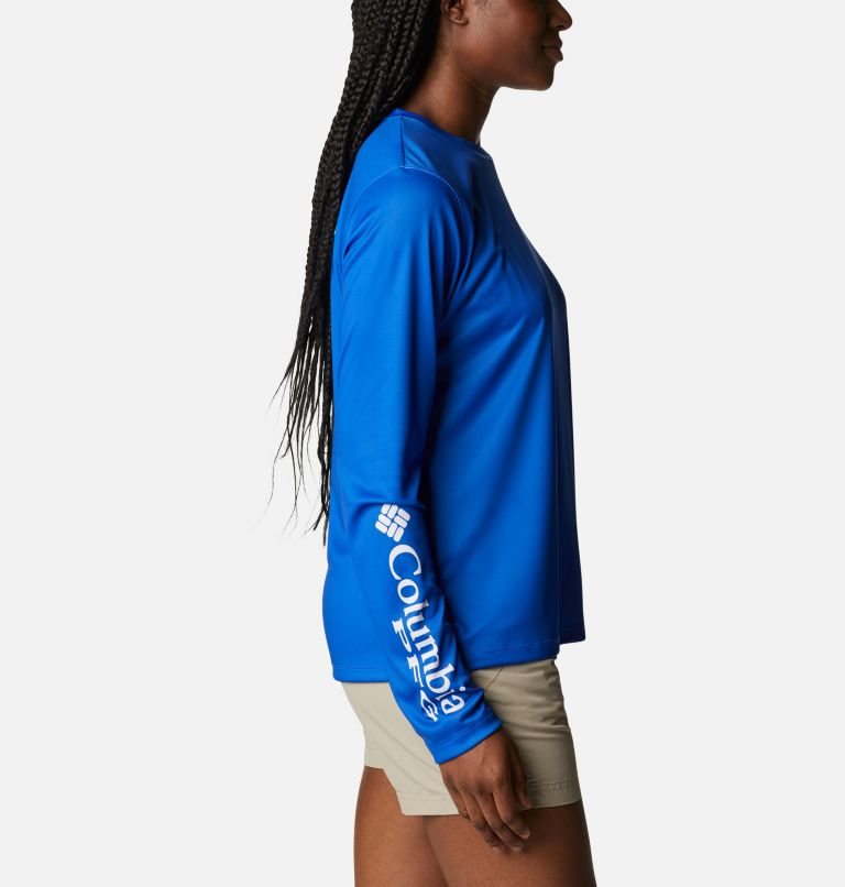 Women's Columbia PFG Tidal Tee Fill-O-Print Fish Long Sleeve Sweatshirts Blue | CA-E8C13