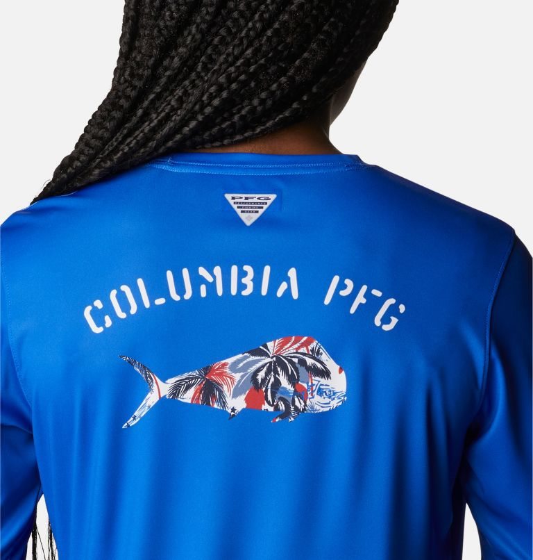 Women's Columbia PFG Tidal Tee Fill-O-Print Fish Long Sleeve Sweatshirts Blue | CA-E8C13