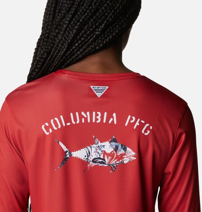 Women's Columbia PFG Tidal Tee Fill-O-Print Fish Long Sleeve Sweatshirts Red | CA-F6501