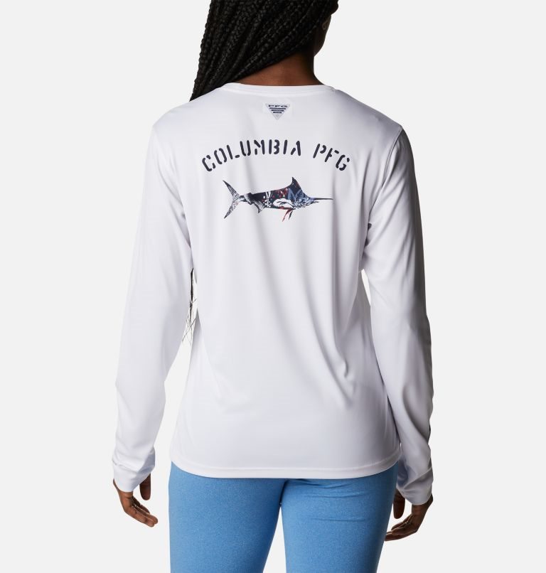 Women's Columbia PFG Tidal Tee Fill-O-Print Fish Long Sleeve Sweatshirts White | CA-IA483