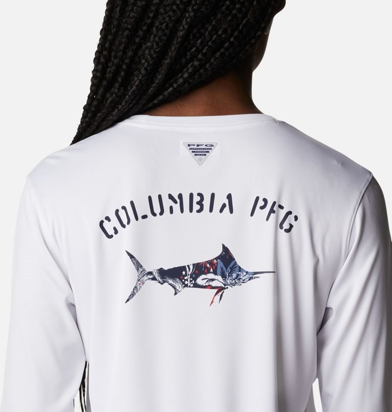 Women's Columbia PFG Tidal Tee Fill-O-Print Fish Long Sleeve Sweatshirts White | CA-IA483