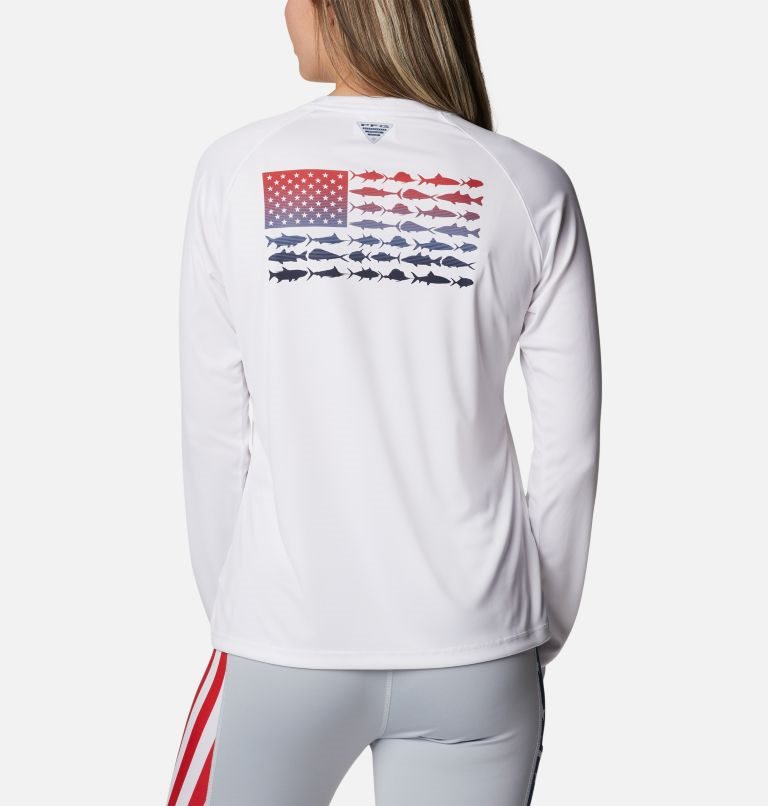 Women's Columbia PFG Tidal Tee Fish Flag Long Sleeve Sweatshirts White | CA-CCL01